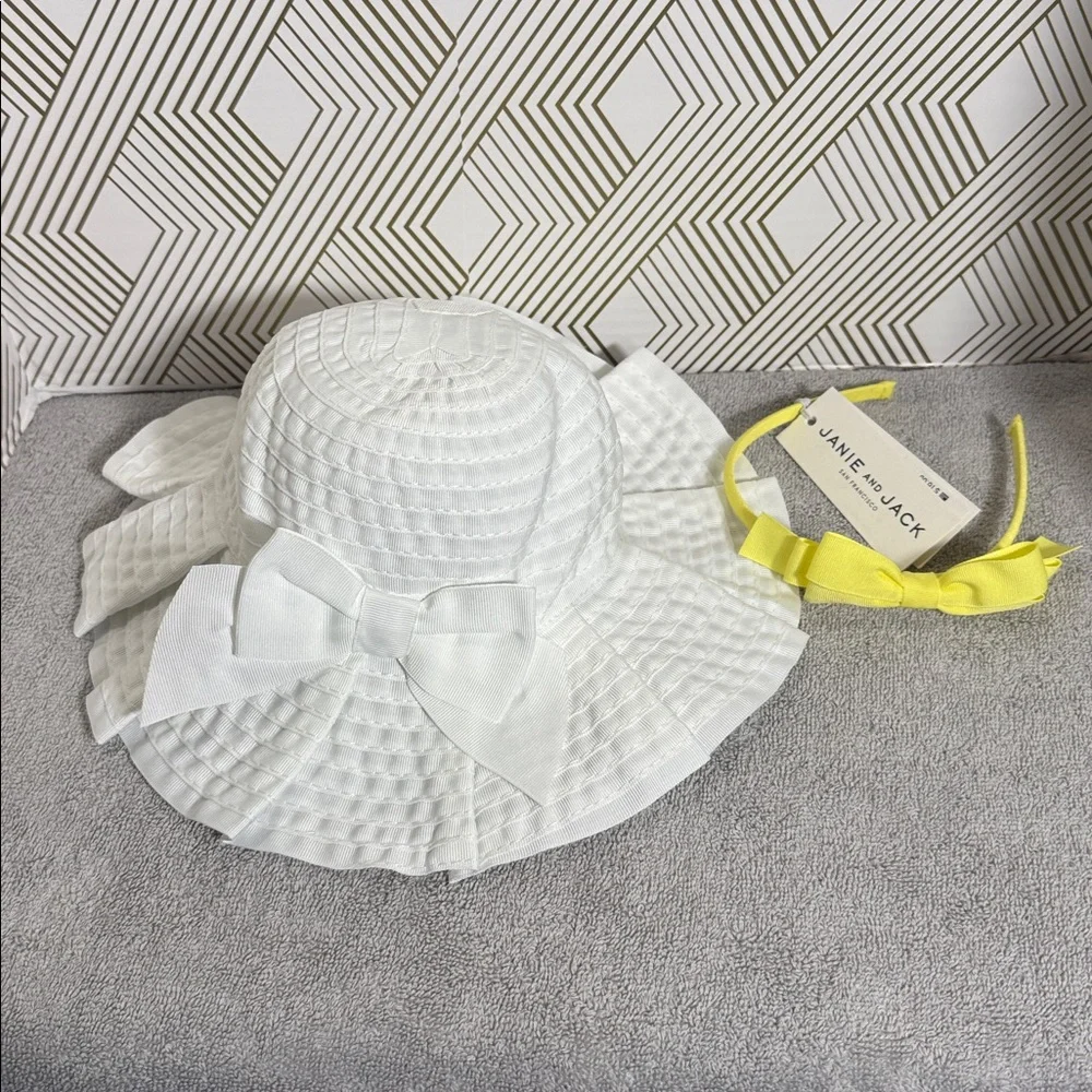 Janie and Jack hat NWT white bucket hat pleated with bow 0-3m + Yellow Headband